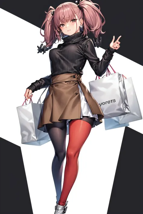 a woman in a brown coat and red tights holding shopping bags