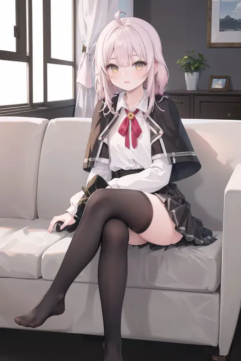 (best quality, high quality, masterpiece),(absurdres, highres), (realistic,photorealistic), 
 <lora:l8XT_v4-000010:1>1girl,  white shirt, brown skirt, brown capelet, black thighhighs, ace_taffy,sitting, crossed legs, ahoge, 
indoors,