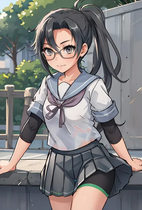 (masterpiece, best quality), 1girl,    <lora:amagiri:0.8> amagiriKC, 1girl, solo, long hair,school uniform, ponytail, short sleeves, pleated skirt, glasses, serafuku, grey skirt, asymmetrical bangs, undershirt, grey sailor collar, grey ribbon,bike shorts,