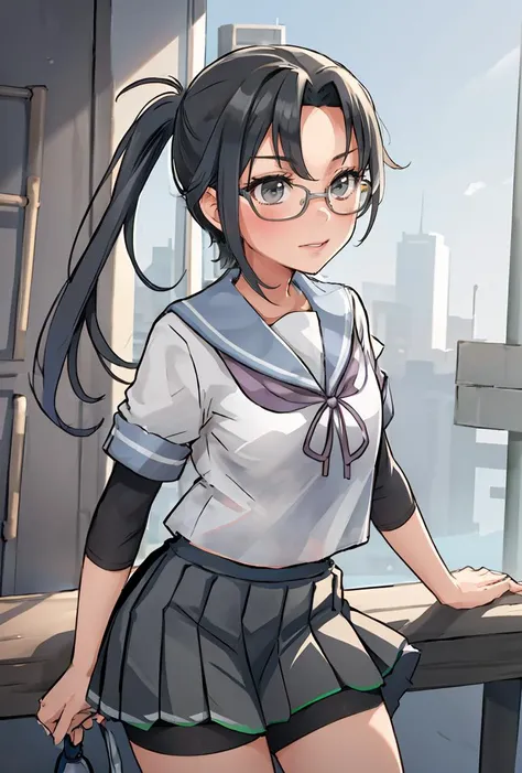 (masterpiece, best quality), 1girl,    <lora:amagiri:0.8> amagiriKC, 1girl, solo, long hair,school uniform, ponytail, short sleeves, pleated skirt, glasses, serafuku, grey skirt, asymmetrical bangs, undershirt, grey sailor collar, grey ribbon,bike shorts,