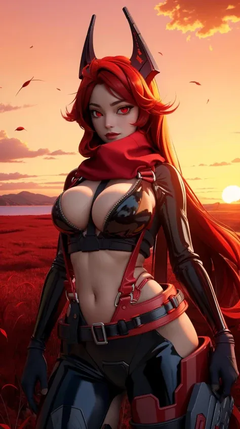 <lora:RedHoodV21:0.9> (masterpiece, best quality), redhoodx, very long hair, mechanical horns, unzipped bodysuit, black pants, suspenders, belt, fingerless gloves, asymmetrical legwear, hip vent, midriff, red scarf, huge breasts, scenery, overgrown, sunset...