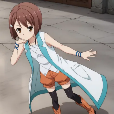 anime girl in a blue and white dress and brown boots