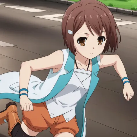 anime girl running on the street with a blue cape