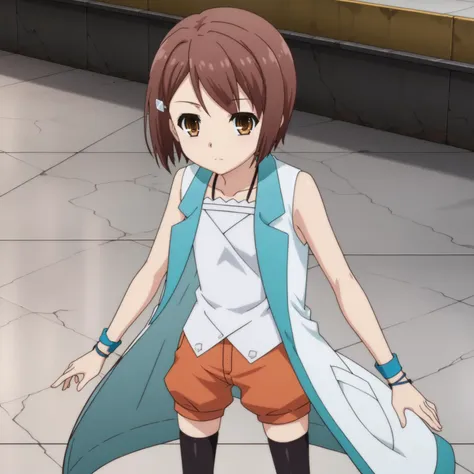 anime character with brown hair and blue vest standing on tiled floor