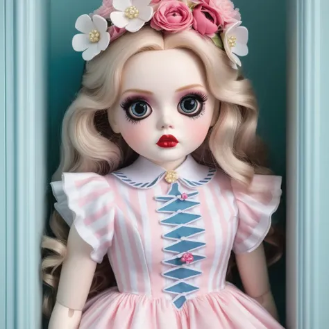 a close up of a doll with a pink dress and a flower crown