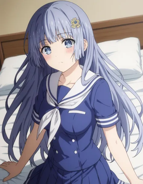 anime girl in sailor outfit standing on bed with white sheets