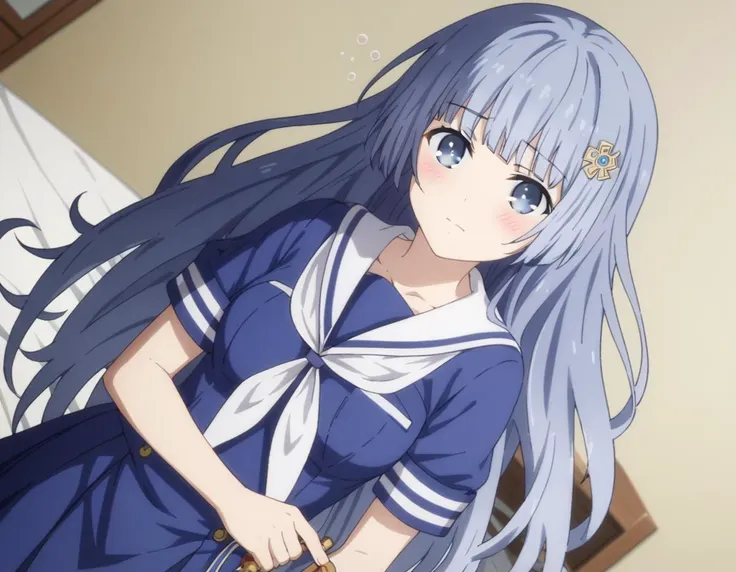 anime girl with long blue hair and a sailor outfit holding a sword