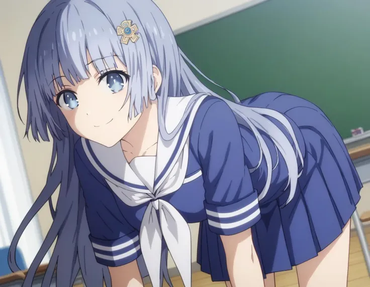 anime girl in a school uniform bending over in a classroom