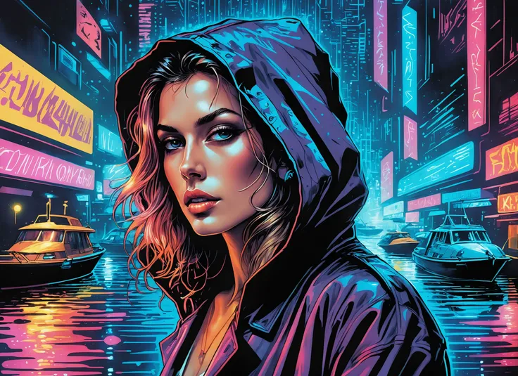 (a girl with a beautiful face), nighttime, cyberpunk city, dark, raining, neon lights ((,Wearing a blazer over a hoodie)), blazer, hoodie, (<lora:DFunk_SDXL:0.5> ), cyberpunk, synthwave, 1980s, futurism, brutalism, neuromancer, cinematic photo in a boat, i...