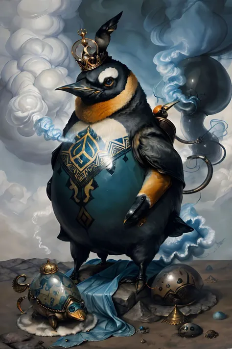 surreal00d, King Penguin,  Dung Beetle, Stately,  blue smoke,  egg <lora:surreal00d-000010:1>