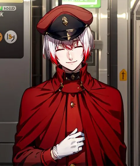 anime character dressed in red uniform standing in a train