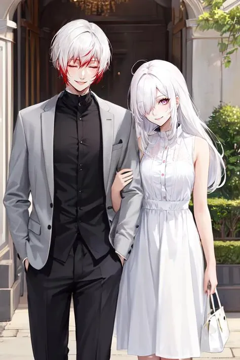 anime couple dressed in formal attire walking down a sidewalk