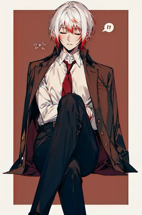 anime boy with white hair and red tie sitting on a chair