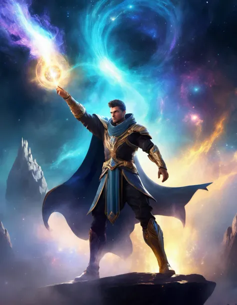 (masterpiece, best quality), Epic combat, dynamic pose, firm stance, (Defiant young man casting powerful spell, (Sorcerers Gesture, One hand held aloft, magic emanating from fingertips:1.3), surrounded by magical energy) wearing futuristic mage uniform, fi...