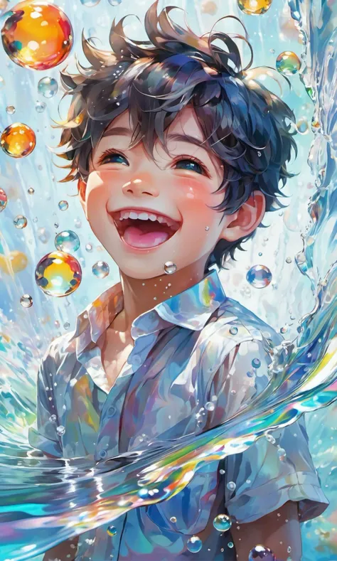 a Boy in a shirt,laughing,Colorful colors,surrounded by water bubbles,in the style of Kawacy,Masterpiece,Oil painting drawn in anime style,(head close - up:2),Tyndall effect,water drops,mother - of - pearl iridescence,Holographic white,(face_focus:1.5),