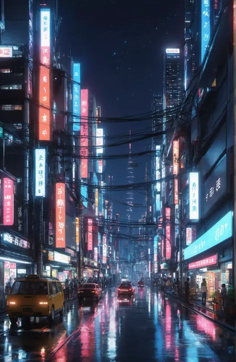 a view of a city street at night with neon signs