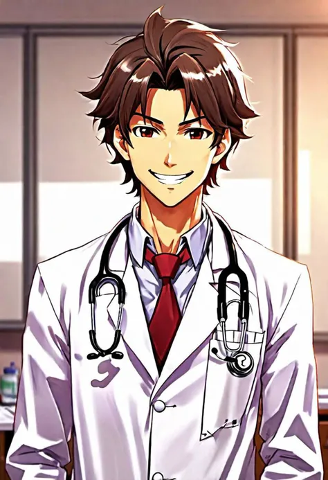 An handsome caring good doctor, messy brown hair, red eyes, doctor, lab coat, stethoscope, smirk, white teeth. Anime style.