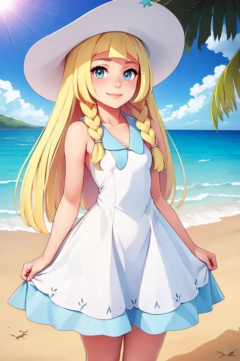 a woman in a white hat and blue dress standing on a beach