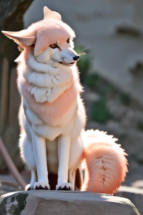 there is a white and pink dog sitting on a rock