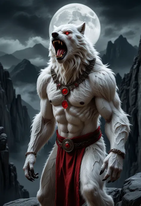 (medium full shot) of (fearsome werewolf), white fur, glowing red eyes, wearing torn tunic,  enchanted talisman,  set in  a moonlit mountain ridge with sheer cliffs, howling winds, a sense of dread, during a full moon, Masterpiece,best quality, photo, real...