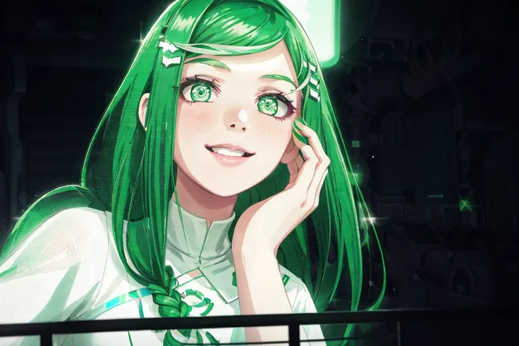 <lora:sbertyan-15 (2):0.5>,sbertyan,1girl,solo,green hair,green eyes,smile,(long hair:1.1),braid,hair ornament,blush,white dress,dark room with neon lights,a hologram,retrofuturism,, <lora:GoodHands-beta2:1>,nice hands,perfect hand