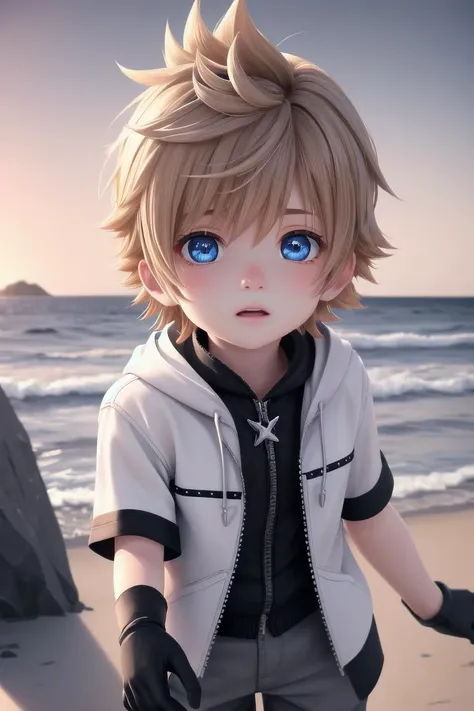 a cartoon boy with blue eyes standing on the beach