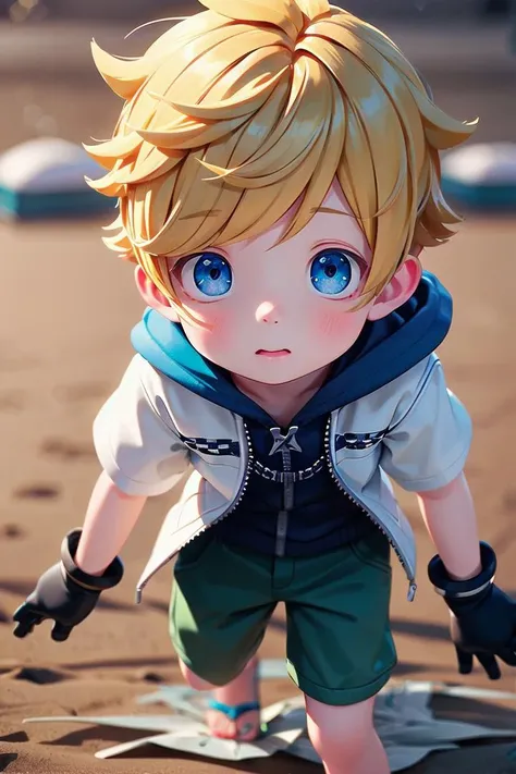 a close up of a toy figure of a boy on a beach