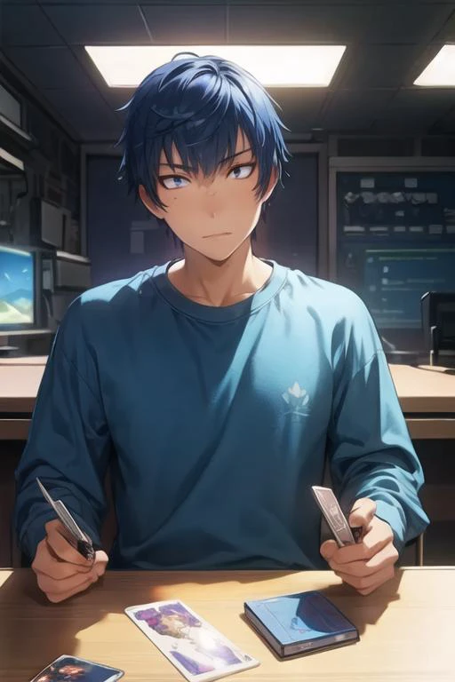 masterpiece, best quality, wallpaper, 1boy, solo, male focus, looking at viewer, , , <lora:ryuuji_takasu:0.72>, ryuuji_takasu, blue hair, sanpaku, sweatshirt, , science fiction space opera, HD-DVD