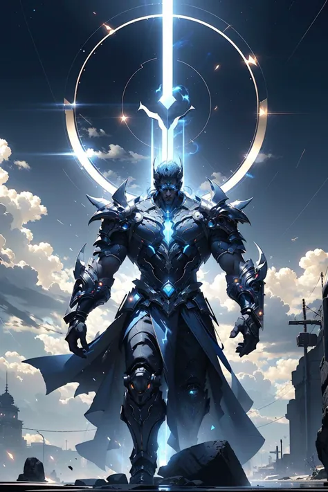 1boy,a man standing on top of a rock in front of a giant blue object in the sky with a ring around his neck,armor,debris,gauntlets,glowing,male focus,pauldrons,shoulder armor,solo,weapon,
<lora:deamonXP_v1.1-000015:0.8>,, ((best quality)),((masterpiece)),(...