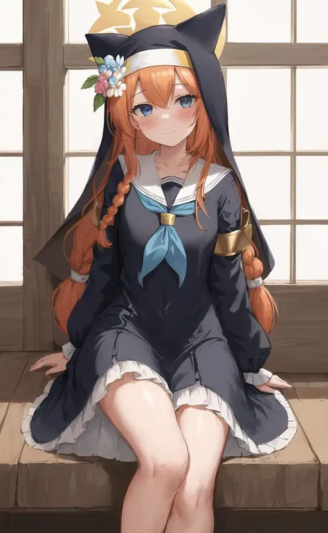 1girl, bangs, blue eyes, blue neckerchief, blush, braid, closed mouth, dress, feet out of frame, flower, frills, habit, hair between eyes, hair flower, halo, indoors, long hair, long sleeves, looking at viewer, ba-mari, neckerchief, nun, orange hair, sailo...