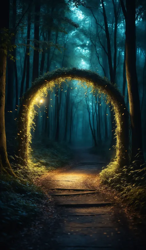 (Archway in an enchanted fairy forest landscape:1.1), misty dark mood, Misty forest lane, golden fireflies swirling illuminating the dark, breathtaking photograph, dramatic light, award-winning, professional, highly detailed . 35mm photograph, film, bokeh,...