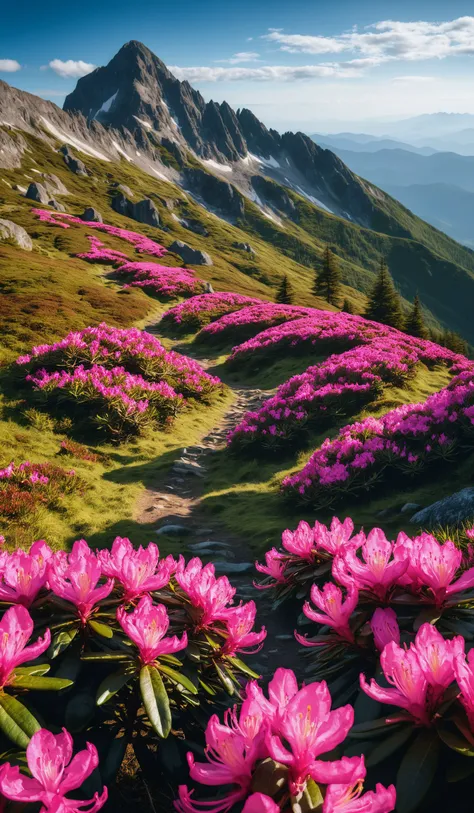 Magic pink rhododendron flowers on summer mountain, cinematic look, film, breathtaking photograph, award-winning, professional, dlsr, dramatic light, highly detailed . 35mm photograph, 4k, vivid colors, daylight, warm atmosphere, focus stacking, shot on ha...