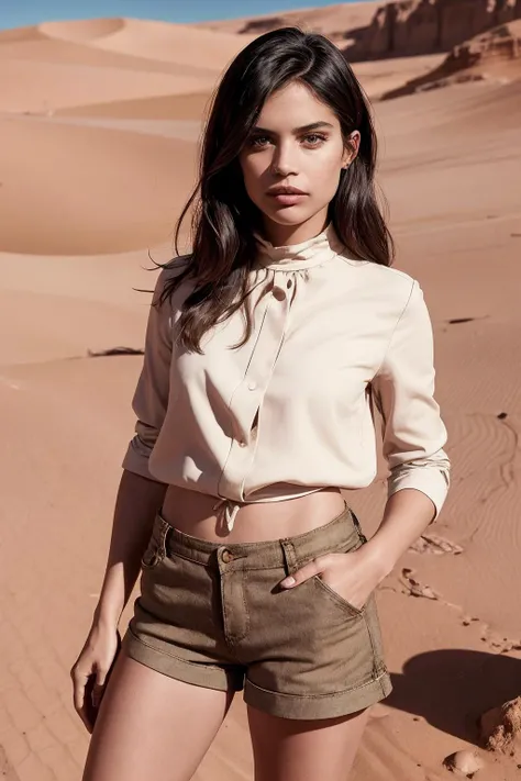 medium shot, photo of skswoman, One hand on hip pose, wearing High-Neck Blouse and Dressy shorts, in desert, looking tired, (look at viewer:1.0) (skin texture), Fujifilm XT3, DSLR, 50mm, <lyco:Sara Sampaio:1.1>