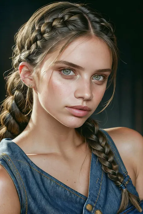 portrait of skswoman, sick , wearing jeans , with Braids , background Alphonse Mucha epic (photo, studio lighting, hard light, sony a7, 50 mm, matte skin, pores, colors, hyperdetailed, hyperrealistic), <lyco:Sara Sampaio:1.1>