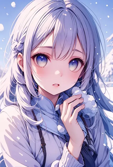 anime girl with long hair and blue eyes in the snow