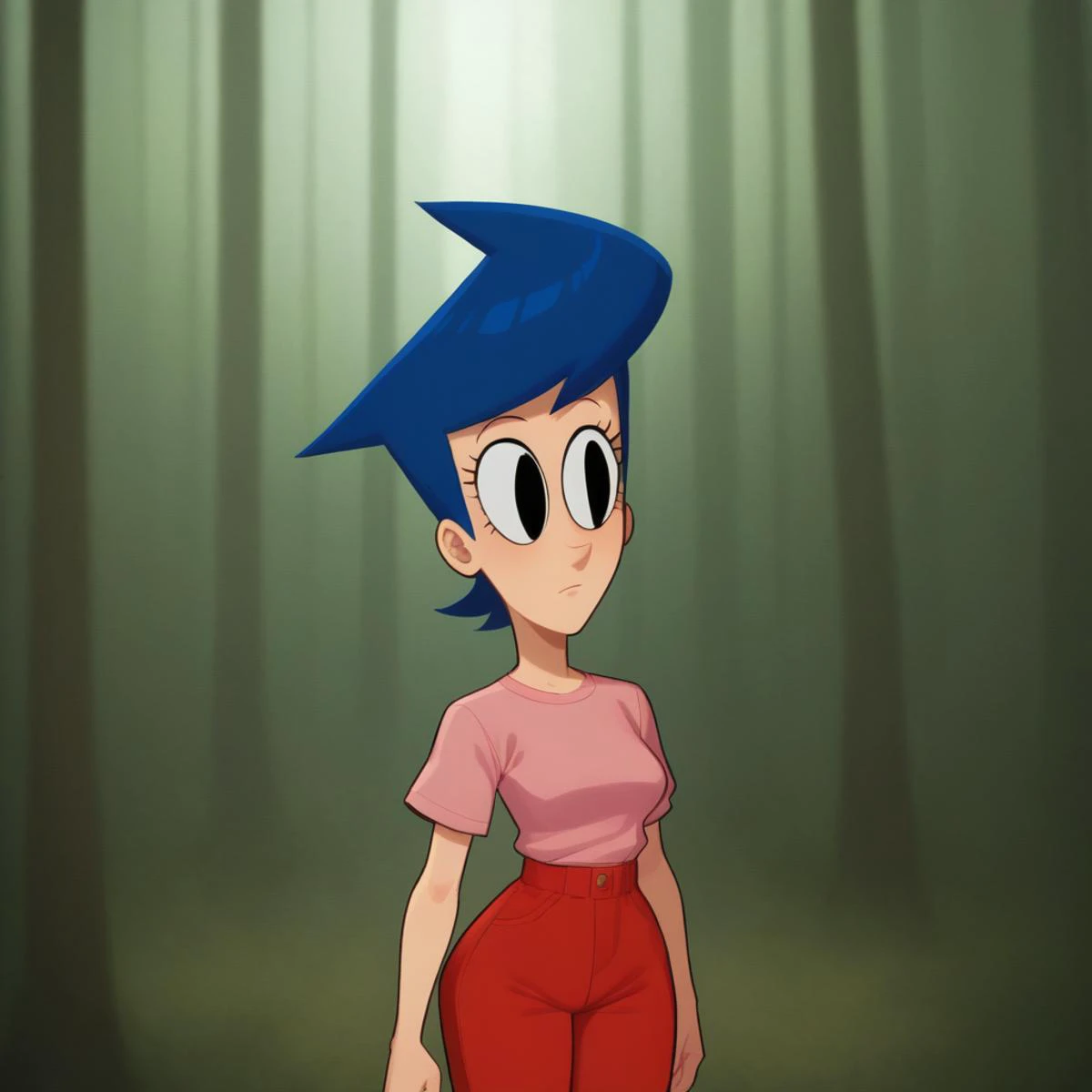 a cartoon girl with blue hair and a pink shirt stands in a forest