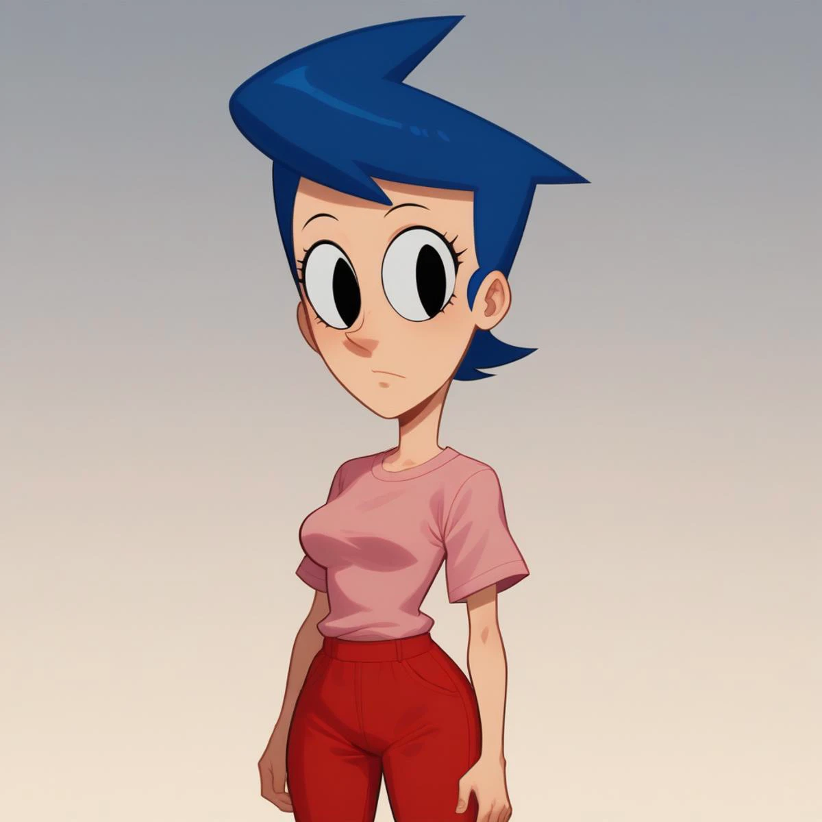 cartoon girl with blue hair and red pants standing in front of a gray background