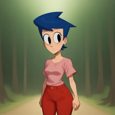 a cartoon girl with blue hair and red pants standing in the middle of a forest