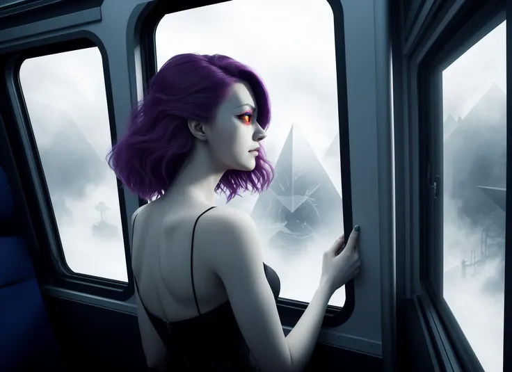 three cornered window, back of head shot of (woman looking out of triangle window:1.1), 3rd person, Looking out the triangular window of a (train:1.1) with triangular windows, triangular windows and triangular, wheels,  in a fantasy world, 
psychedelic, ge...