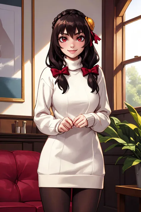 anime girl in white dress standing in front of a red couch