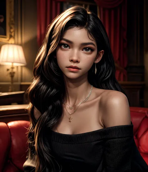 8k, very sharp image, masterpiece, best quality, highres, Zendaya, 1girl, solo focus, middle parting, long hair, black hair,  closed mouth, (dark skin:1.2),  oversized clothes,  looking at viewer,  earrings, necklace, mansion, sitting, off shoulder, 
reali...