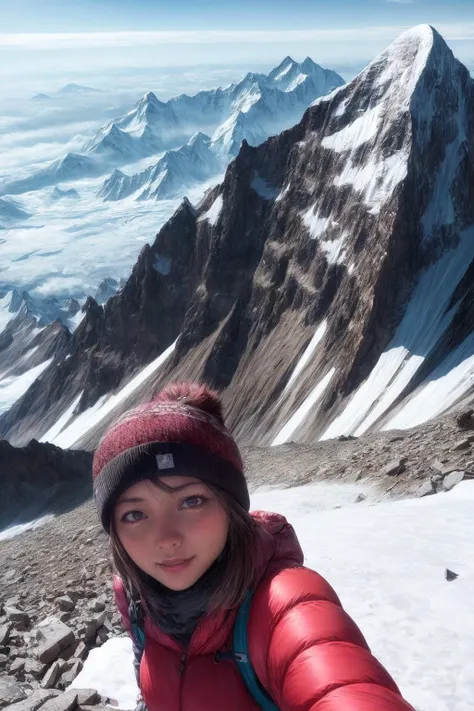 (masterpiece, best quality), 1girl, selfie, mountain climbing, Mountaineering, steep face, mount everest, nepal<lora:add_detail:1.0><lora:add_detail:1.0>