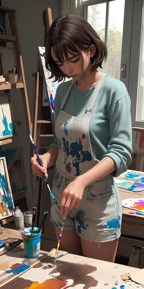 arafed woman painting on canvas in a studio with easel and easel