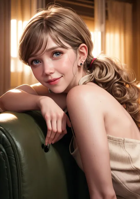 8k, very sharp image, masterpiece, best quality, highres, 1girl, Maggie Gyllenhaal, curly hair, long bangs, low ponytail, closed mouth, earrings, real world location, leaning back,  light smile, 
 high detail hair,  <lora:more_details:0.5>  ,  high-key lig...