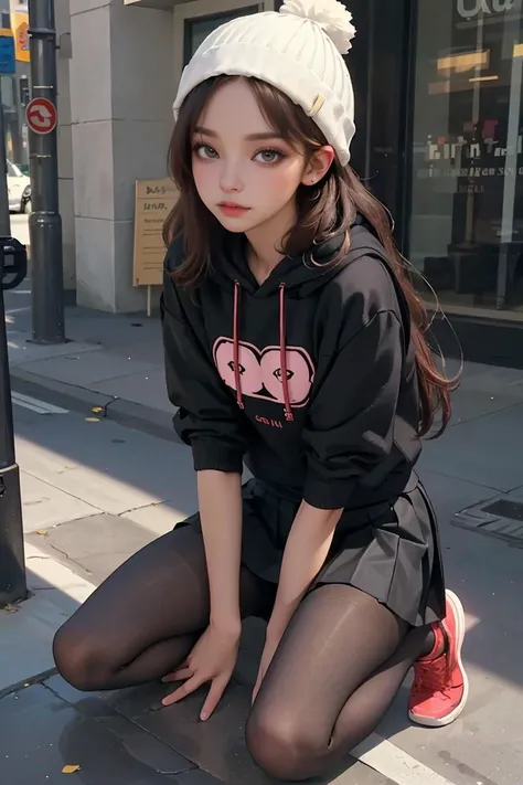 (best quality, masterpiece), 1girl, hoodie, long hair, street, kneeling, looking at viewer, beanie, skirt, makeup, piercing, pantyhose,