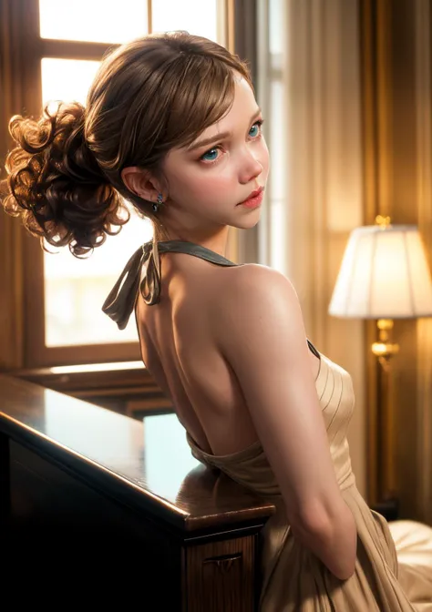 8k, very sharp image, masterpiece, best quality, highres, 1girl, Maggie Gyllenhaal, curly hair, long bangs, low ponytail, closed mouth, earrings, real world location, leaning back,  full body,
 high detail hair,  <lora:more_details:0.5>  ,  high-key lighti...