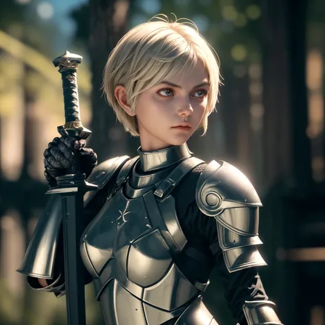 1girl, full armor, pixie cut, holding weapon, holding sword, hands on hilt of a sword, 
 <lora:more_details:0.5> bhsm1, masterpiece, best quality, highres, tone mapping, reflection, light reflection armor, bokeh,