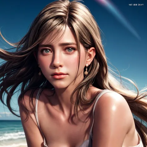 8k, very sharp image, masterpiece, best quality, jennifer aniston, 1girl, black hair, swept bangs, , closed mouth, small earrings, sundress, beach,  floating hair, hair ornament, magazine cover, 
realistic skin, high texture skin, realistic lips, high text...