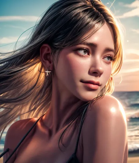 8k, very sharp image, masterpiece, best quality, jennifer aniston, 1girl, black hair, swept bangs, , closed mouth, small earrings, sundress, beach,  floating hair, hair ornament, index finger raised, curvy, shushing, winking
realistic skin, high texture sk...