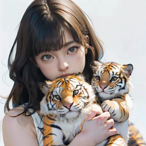 a girl hold a baby tiger, masterpiece, best quality, top quality, ultra highres, 8k hdr, 8k wallpaper, huge file size, intricate...